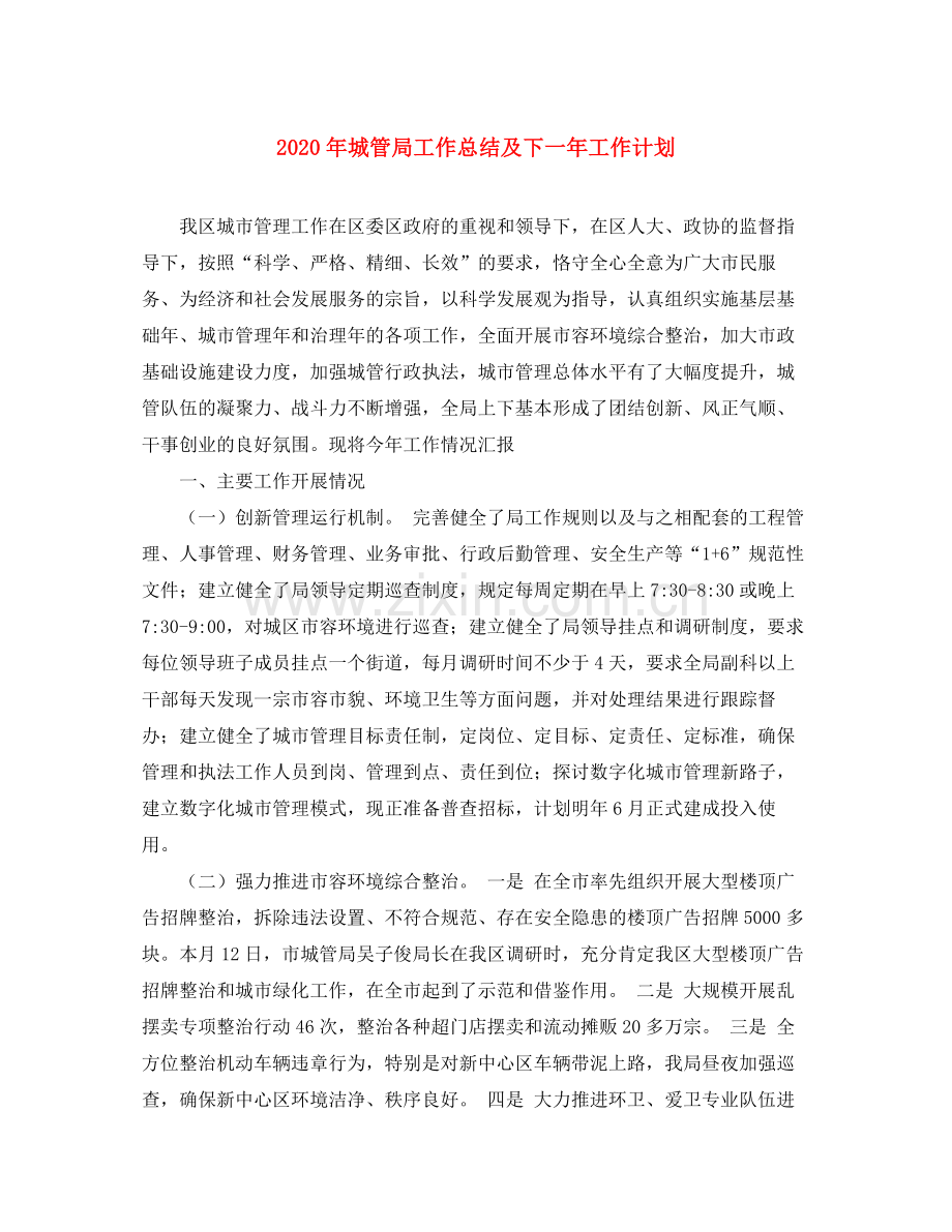 2020年城管局工作总结及下一年工作计划.docx_第1页