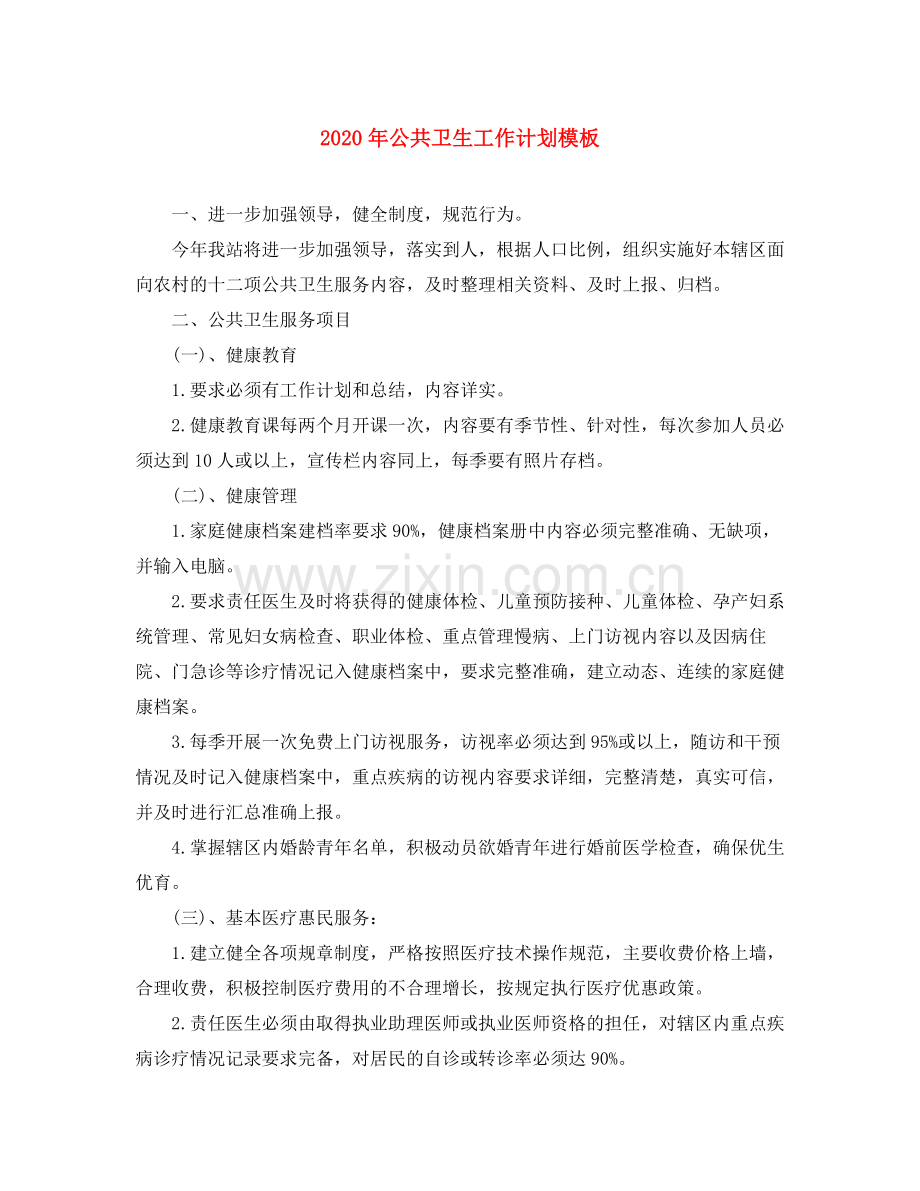 2020年公共卫生工作计划模板.docx_第1页