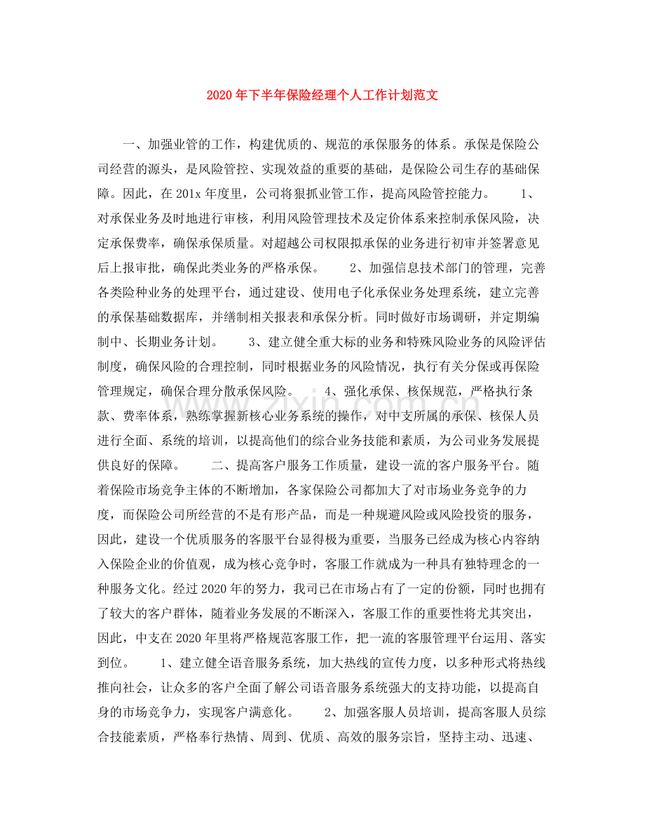 2020年下半年保险经理个人工作计划范文.docx_第1页
