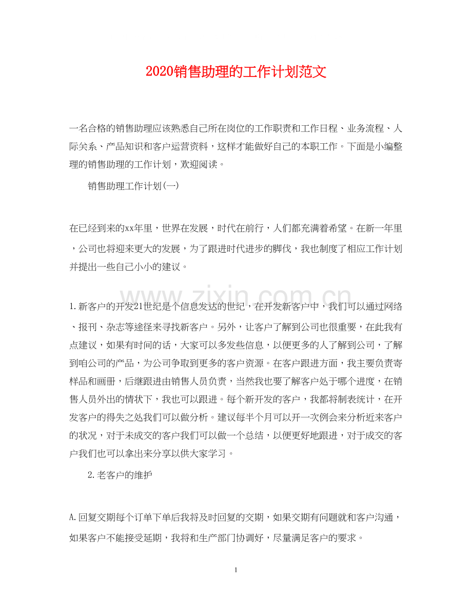 销售助理的工作计划范文.docx_第1页