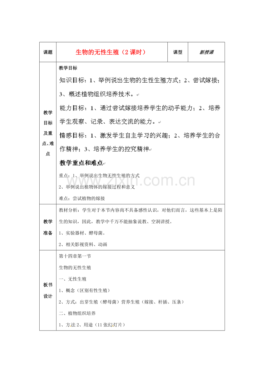 辽宁省开原五中八年级生物《生物的无性生殖》教案 新人教版.doc_第1页