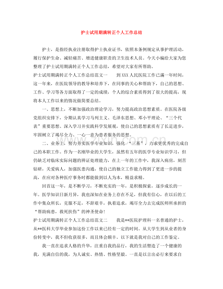 护士试用期满转正个人工作总结.docx_第1页