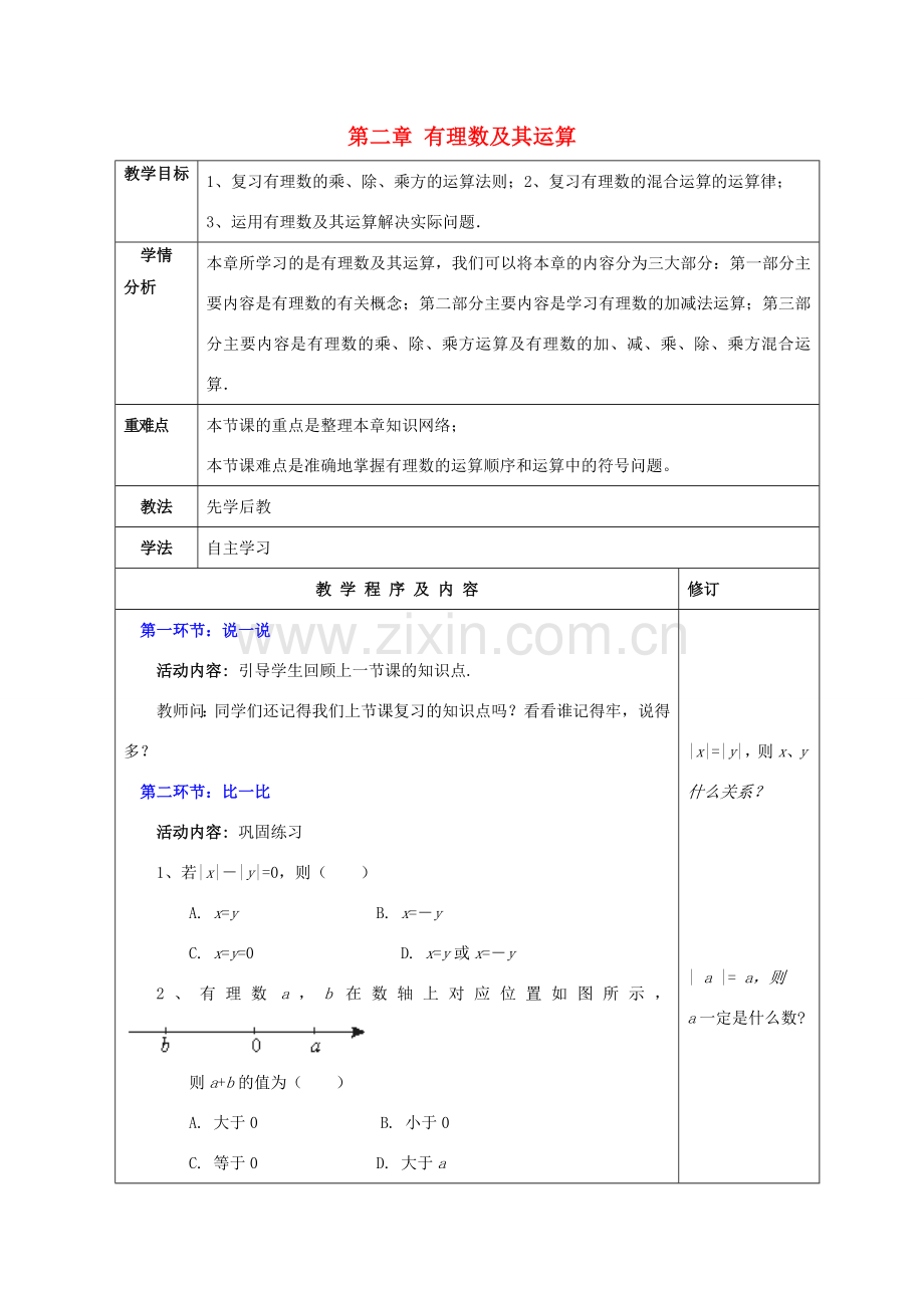 七年级数学上册 第二章 有理数及其运算（第2课时）回顾与思考教案 （新版）北师大版-（新版）北师大版初中七年级上册数学教案.doc_第1页