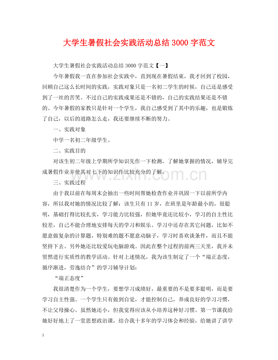 大学生暑假社会实践活动总结3000字范文.docx_第1页