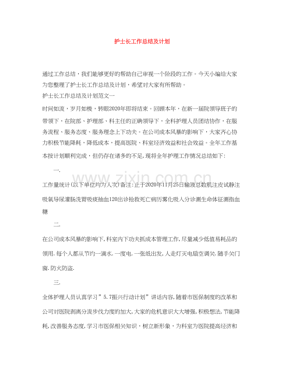 护士长工作总结及计划.docx_第1页