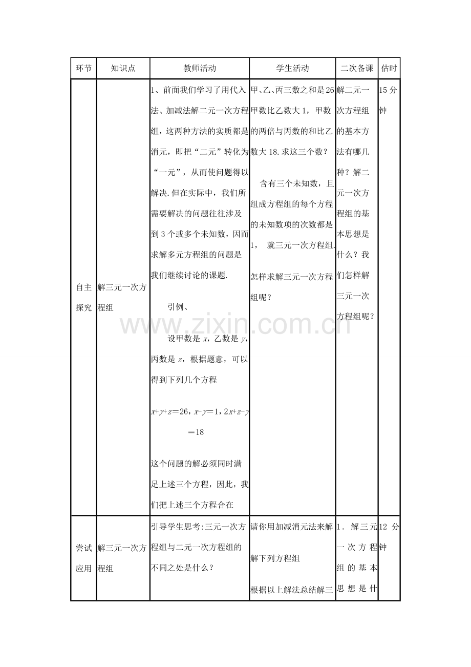 七年级数学下册 第八章 二元一次方程组 8.4 三元一次方程组的解法教案 （新版）新人教版-（新版）新人教版初中七年级下册数学教案.docx_第2页