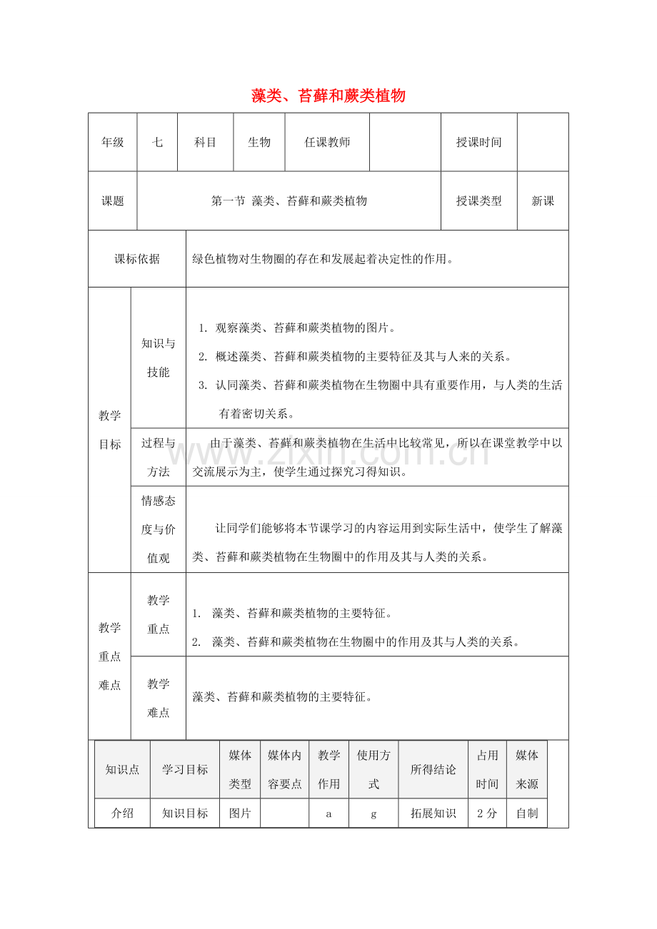 陕西省石泉县七年级生物上册 3.1.1藻类、苔藓和蕨类植物教案1 （新版）新人教版-（新版）新人教版初中七年级上册生物教案.doc_第1页