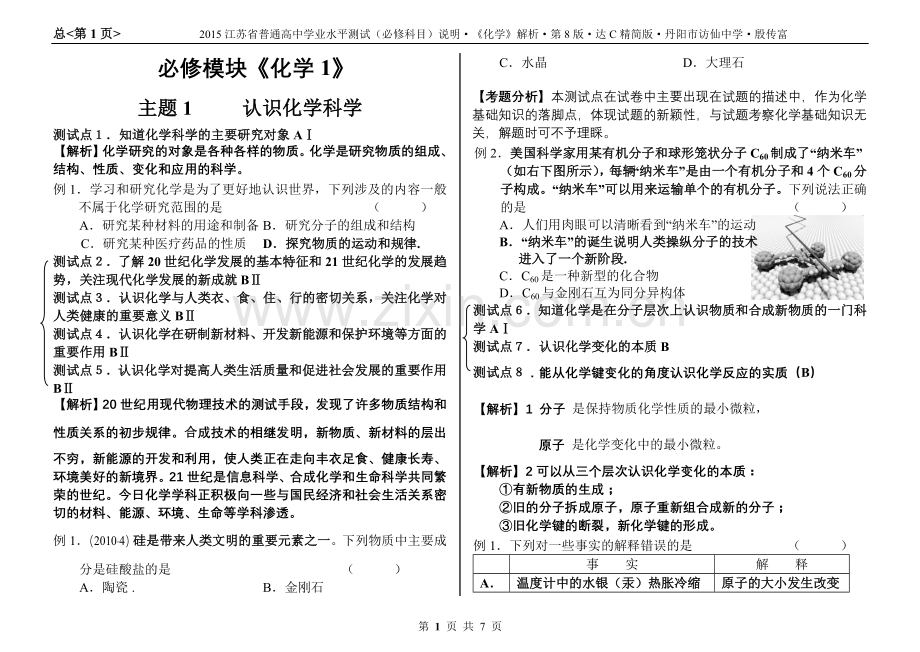 2014江苏省高中学业水平测试化学说明全解全析1认识化学科学.doc_第1页