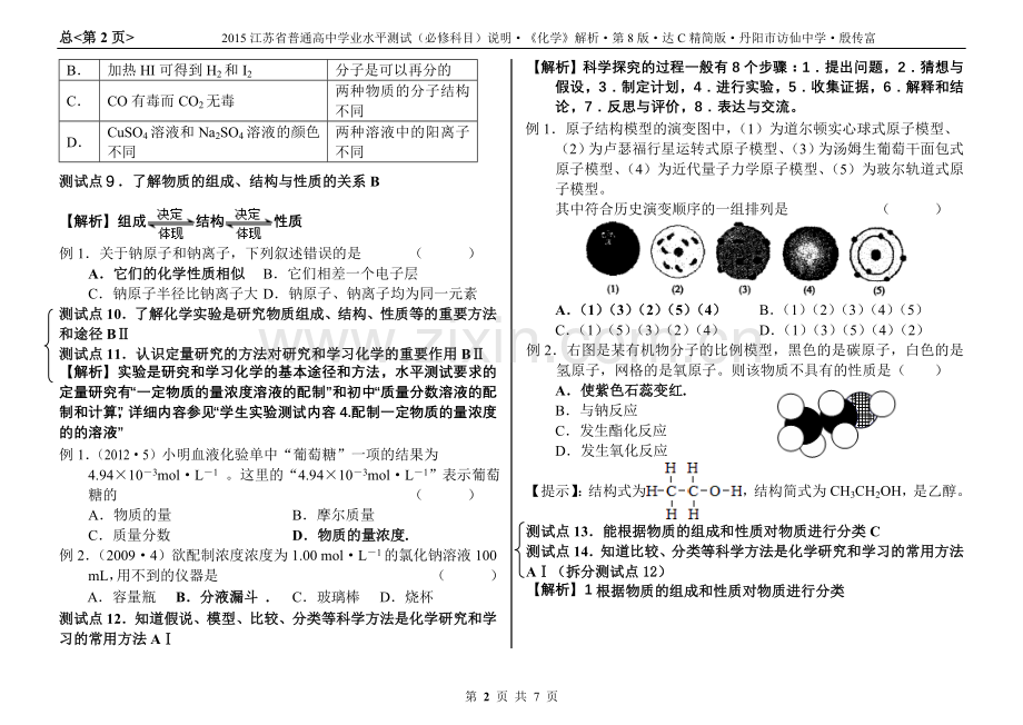 2014江苏省高中学业水平测试化学说明全解全析1认识化学科学.doc_第2页