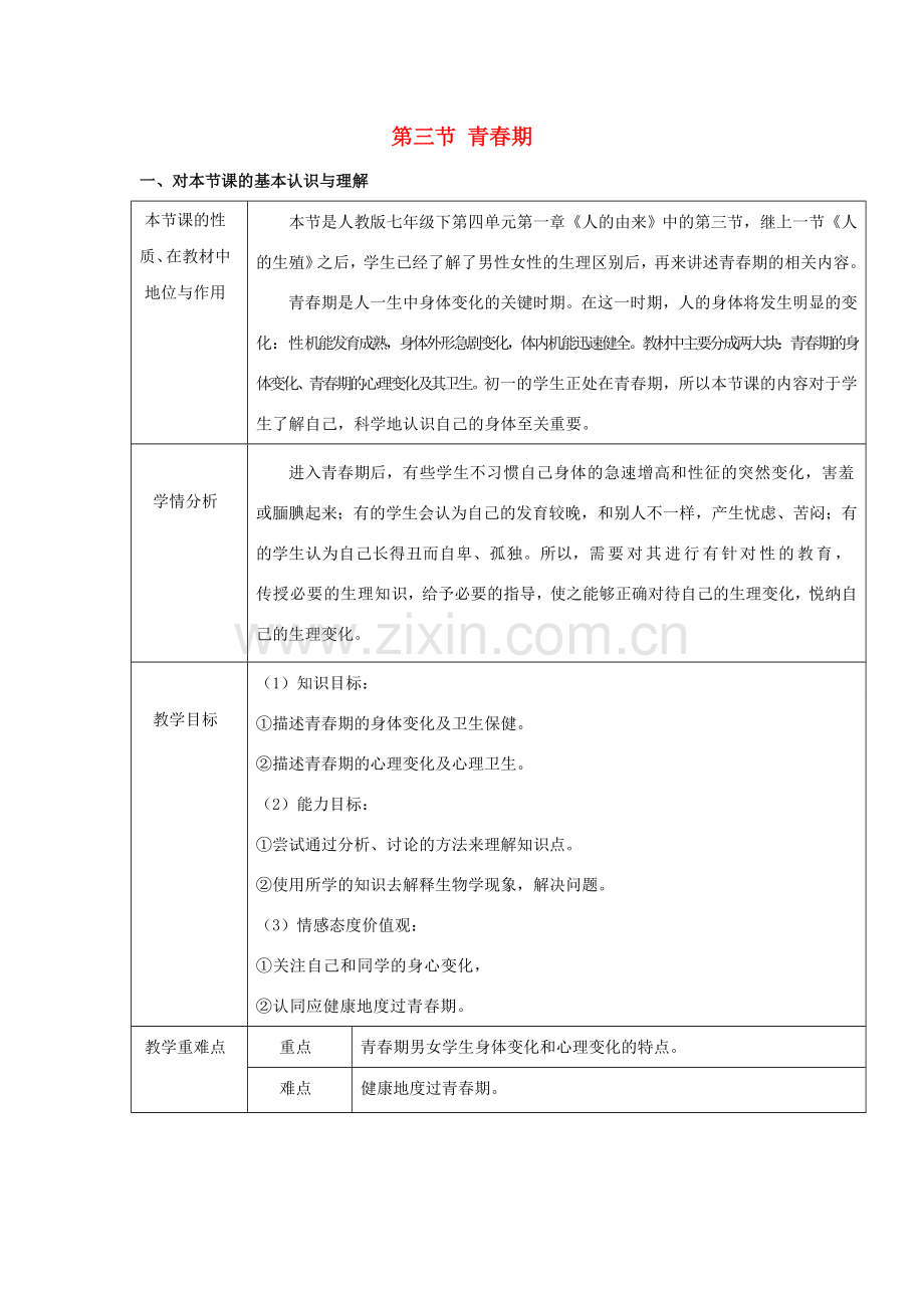 七年级生物下册 第一章 人的由来 第三节 青春期教案 （新版）新人教版-（新版）新人教版初中七年级下册生物教案.doc_第1页