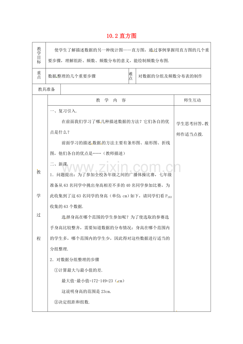 山东省德州市武城县四女寺镇七年级数学下册 第10章 数据的收集整理与描述 10.2 直方图（一）教案 新人教版-新人教版初中七年级下册数学教案.doc_第1页