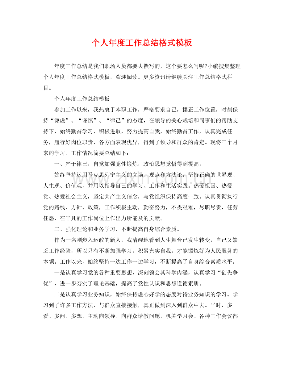 个人年度工作总结格式模板 .docx_第1页