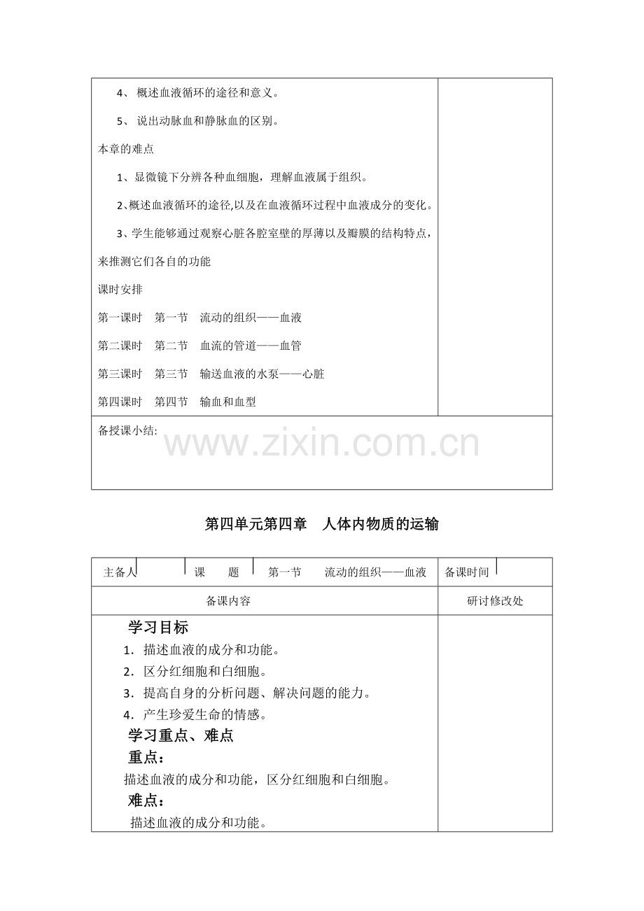 七年级生物下册：第4章 人体内物质的运输（复习教案）人教版.doc_第2页