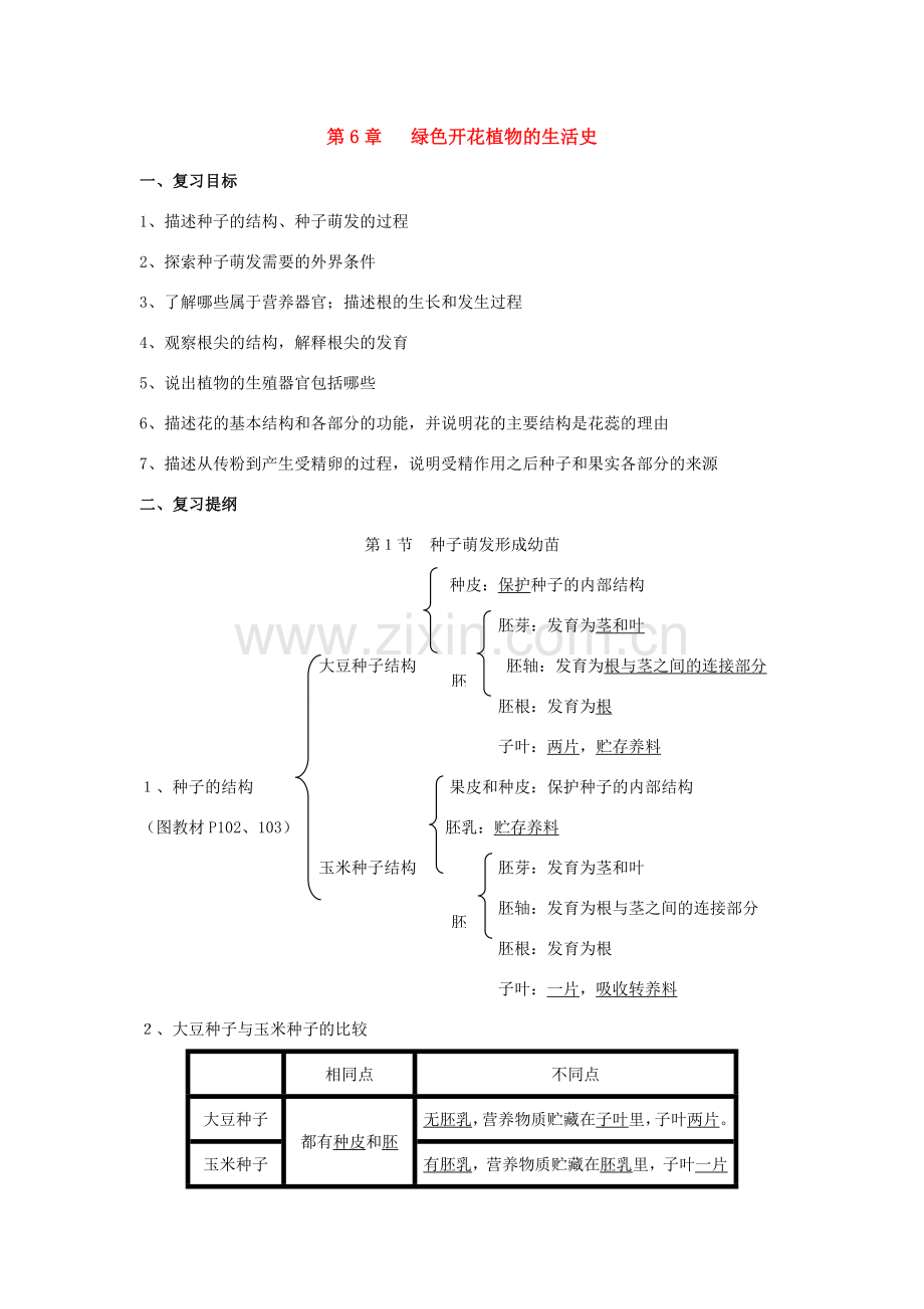 七年级数学上册第1单元第6章绿色开花植物的生活史复习教案北师大版.doc_第1页