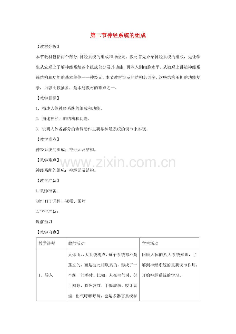 七年级生物下册 4.6.2《神经系统的组成》教案2 （新版）新人教版-（新版）新人教版初中七年级下册生物教案.doc_第1页