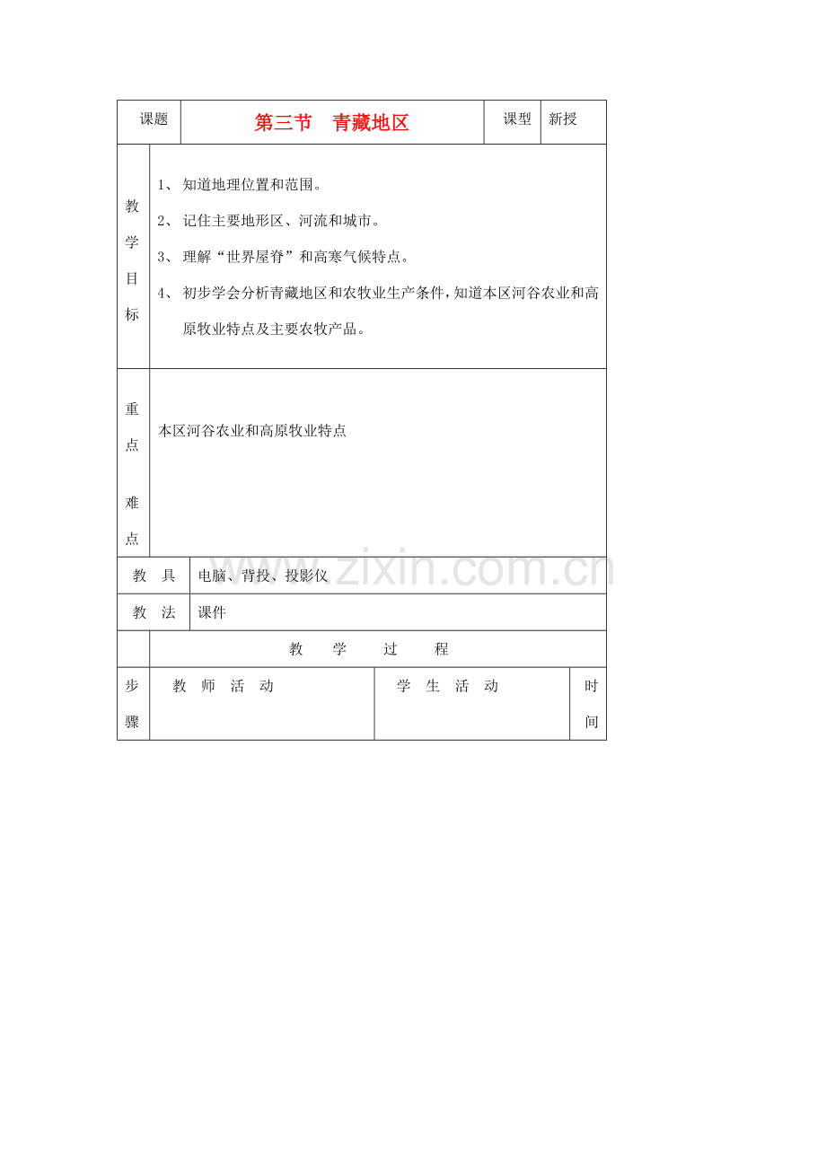 八年级地理上册 第四章 中国的区域差异 第三节 青藏地区和西北地区名师教案2 湘师版.doc_第1页