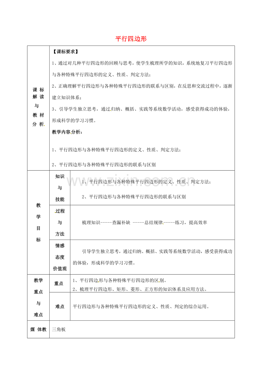 八年级数学下册 第18章 平行四边形教案1 （新版）新人教版-（新版）新人教版初中八年级下册数学教案.doc_第1页
