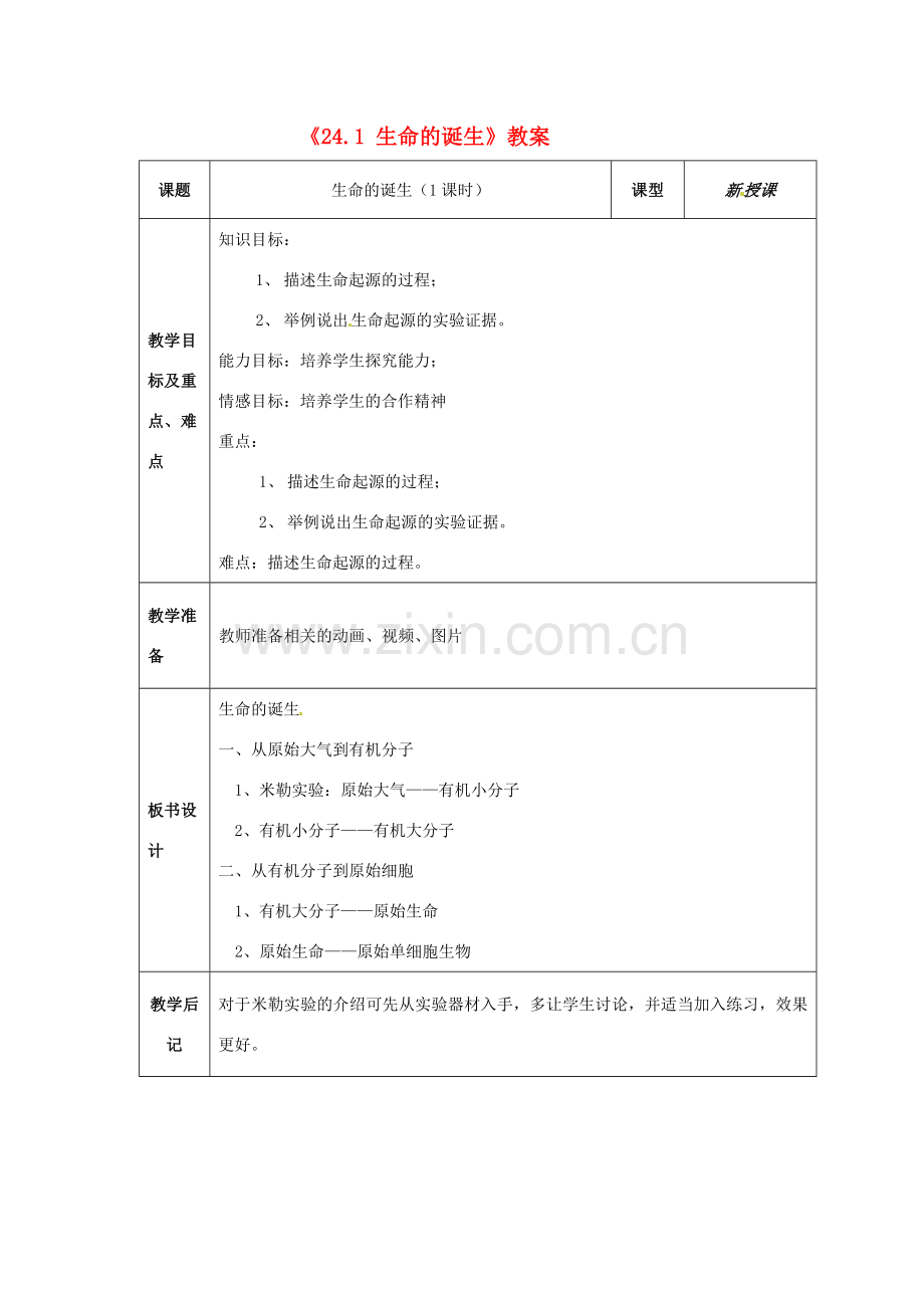 江苏省东台市唐洋镇中学八年级生物上册《24.1 生命的诞生》教案 苏教版.doc_第1页