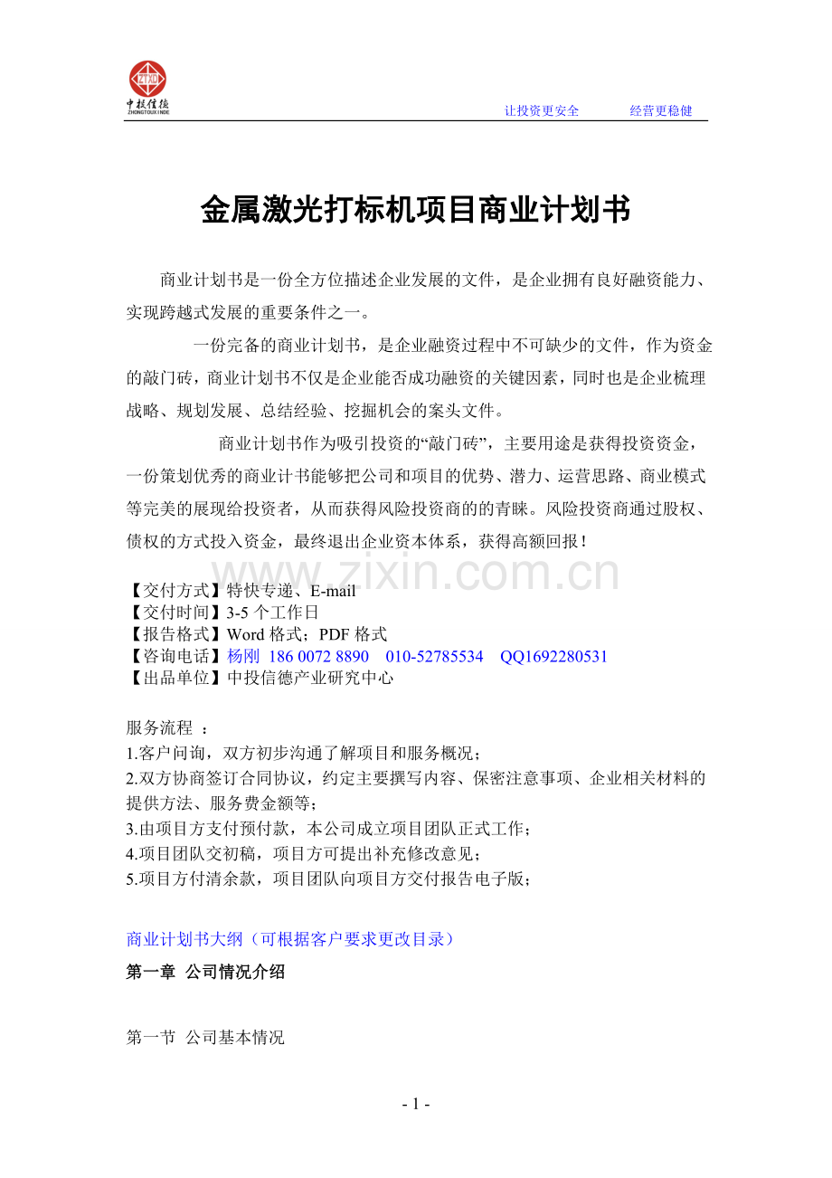 金属激光打标机项目融资商业计划书.doc_第1页
