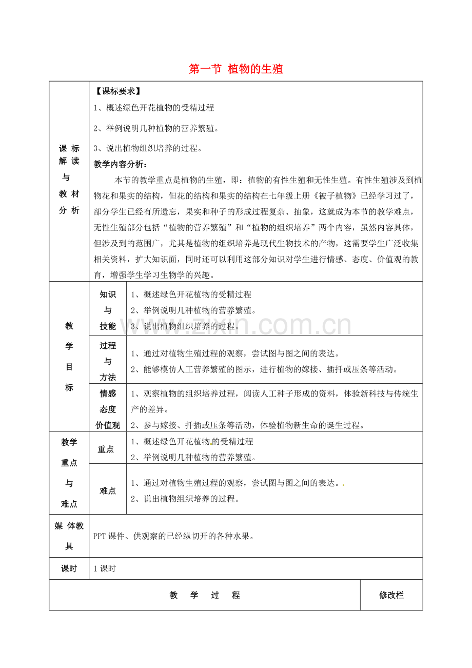 甘肃省武威第十一中学八年级生物下册《第七单元 第一章 第一节 植物的生殖》教案 新人教版.doc_第1页
