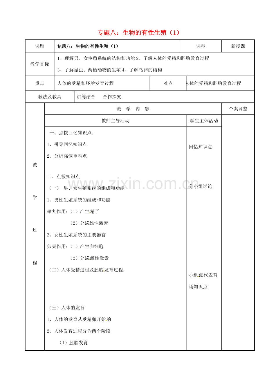 中考生物 专题八 生物的有性生殖复习教案（1） 苏科版-苏科版初中九年级全册生物教案.doc_第1页