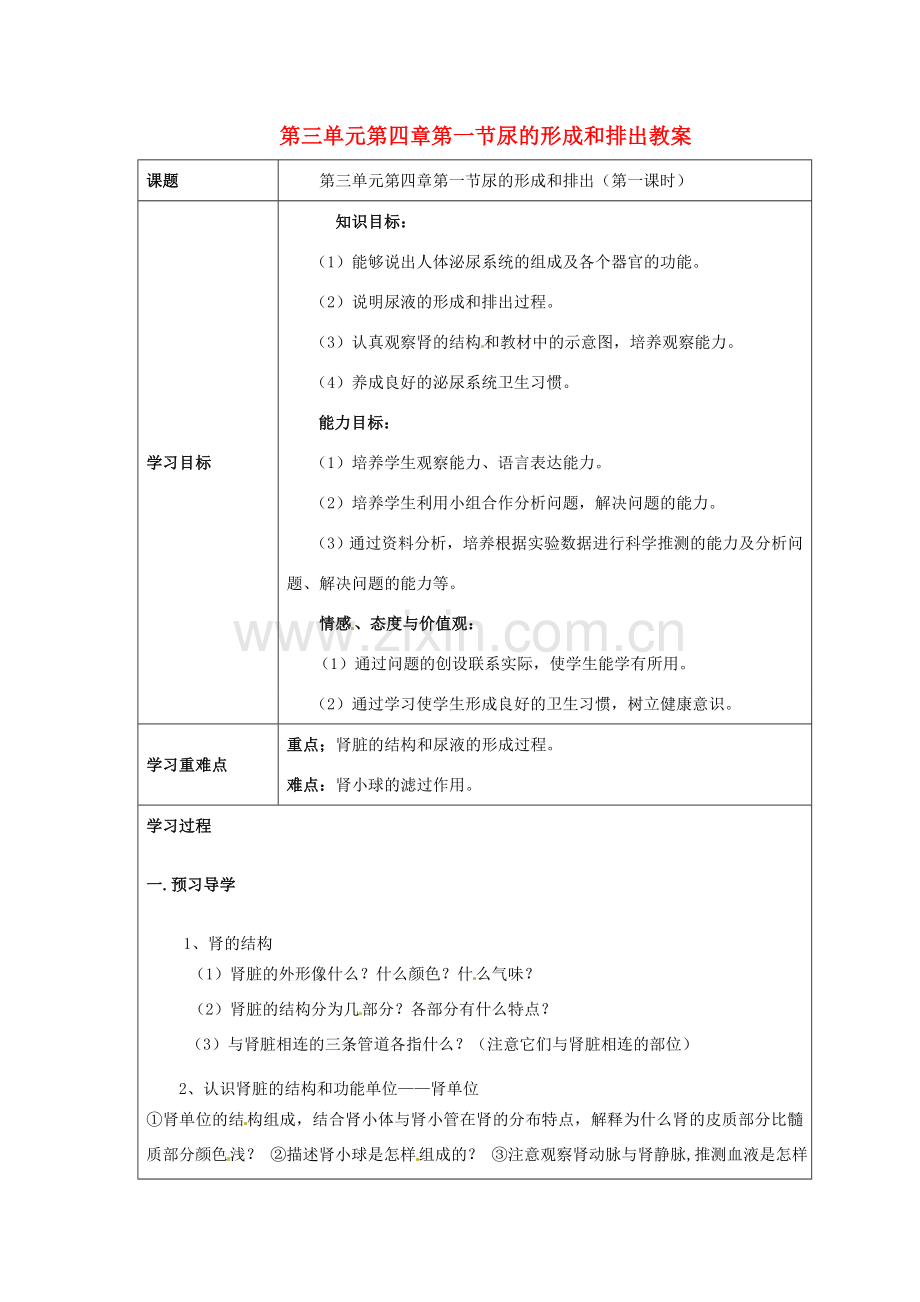 七年级生物下册 第三单元第四章第一节人体内废物的排出教案1 济南版.doc_第1页