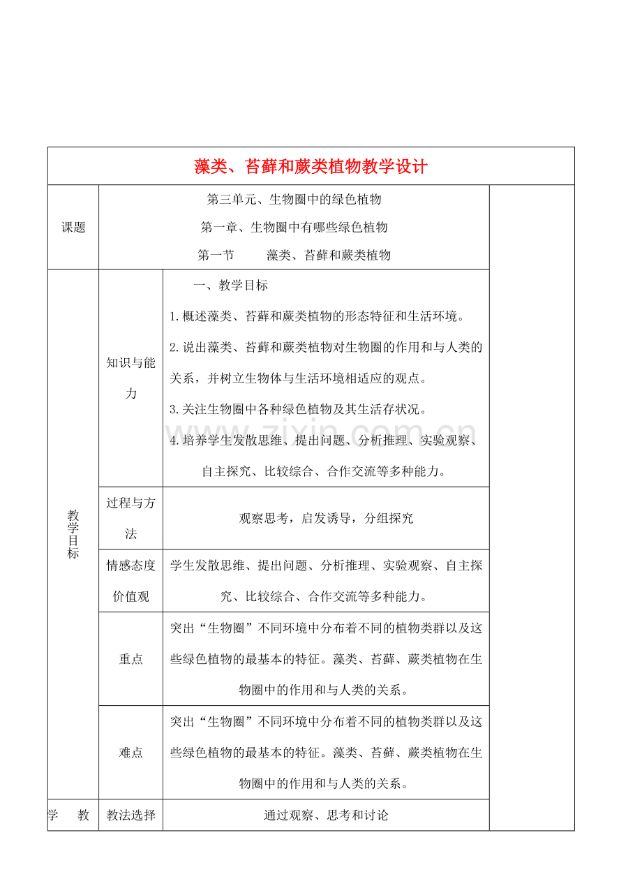 七年级生物上册 3.1.1藻类、苔藓和蕨类植物教学设计 人教版.doc_第1页