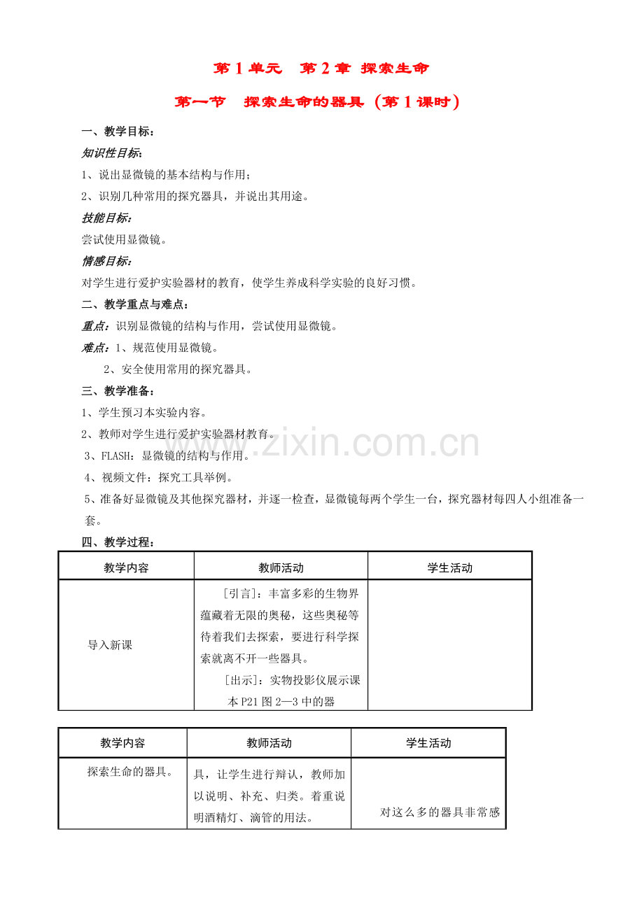 七年级生物上册 2-1探索生命的器具（1）教案苏教版.doc_第1页