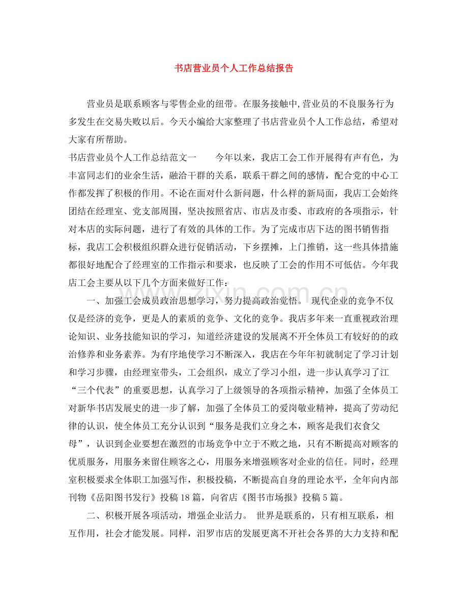 书店营业员个人工作总结报告.docx_第1页
