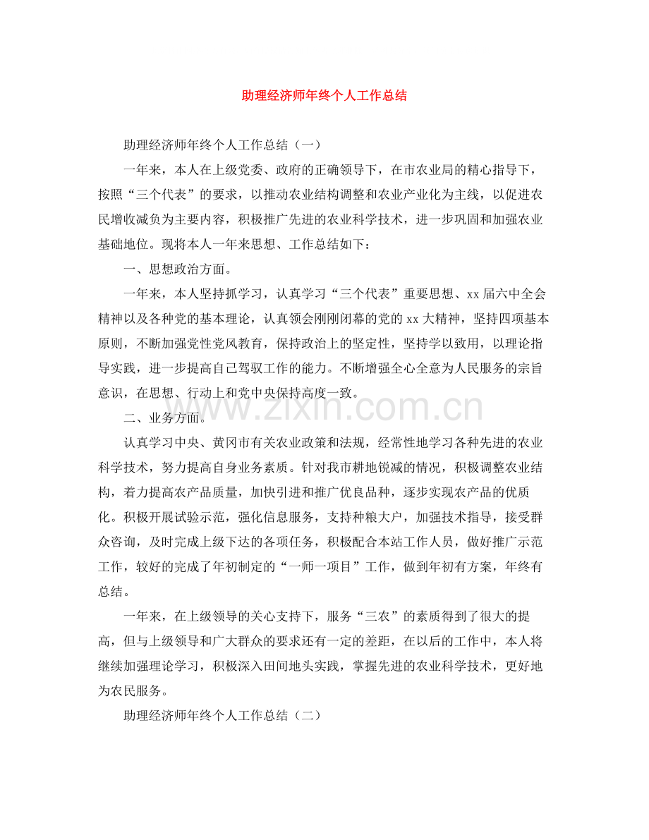 助理经济师年终个人工作总结.docx_第1页