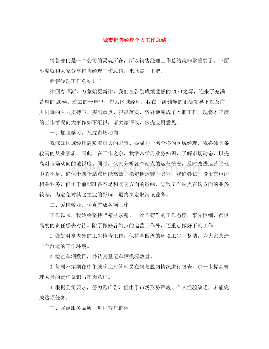城市销售经理个人工作总结.docx_第1页