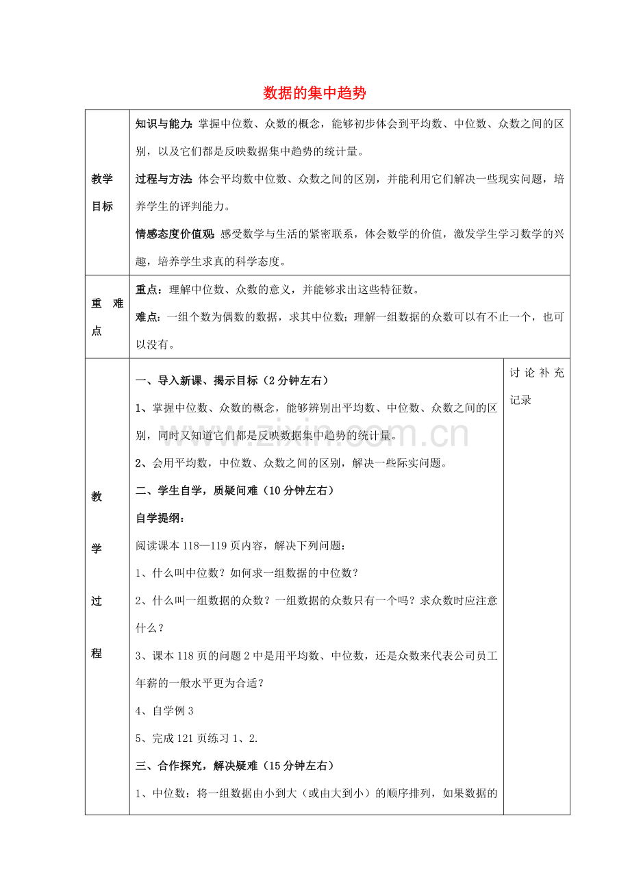 八年级数学下册 20.2 数据的集中趋势教案2 （新版）华东师大版-（新版）华东师大版初中八年级下册数学教案.doc_第1页
