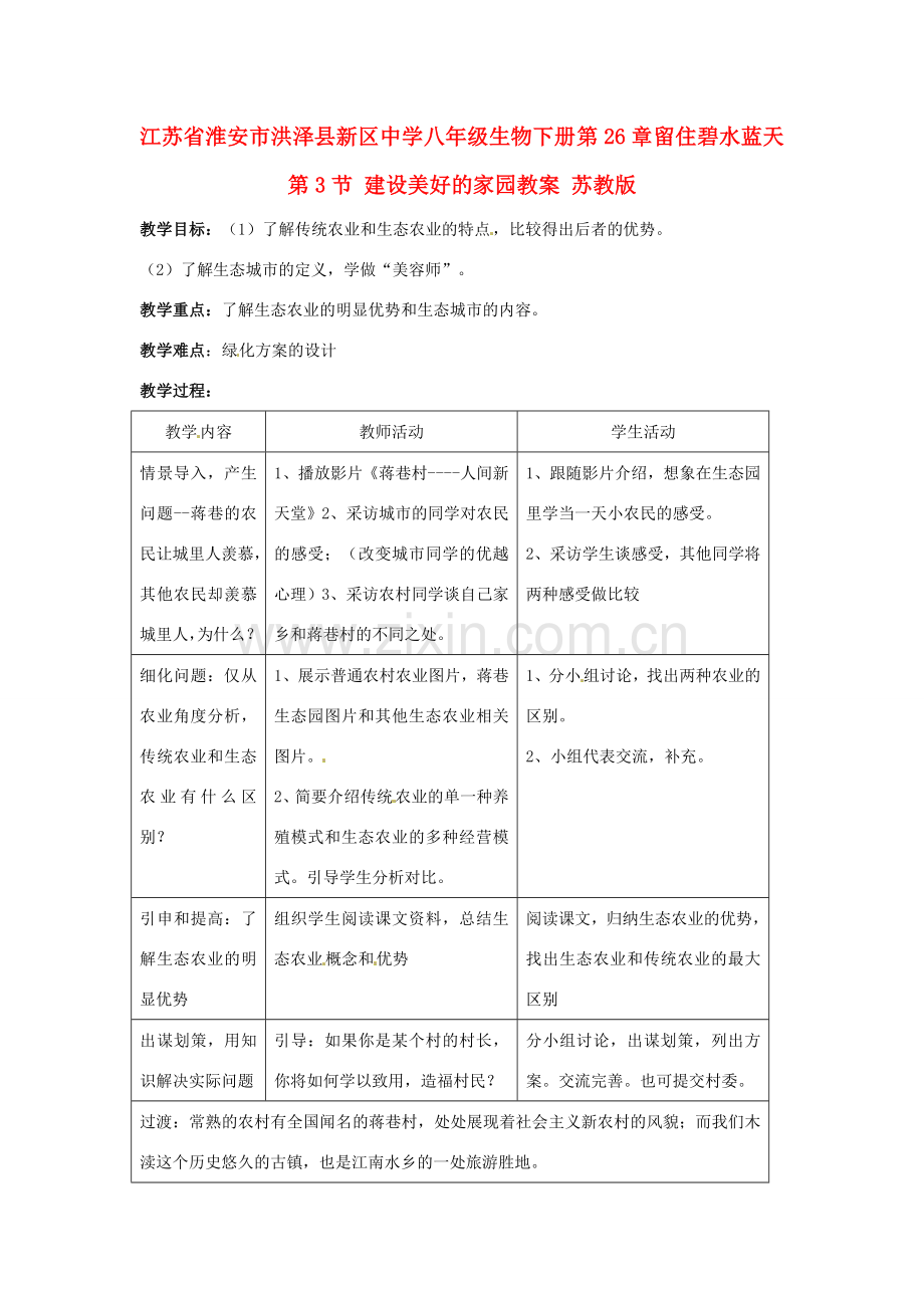 江苏省淮安市洪泽县新区中学八年级生物下册 第26章 留住碧水蓝天 第3节 建设美好的家园教案 苏教版.doc_第1页