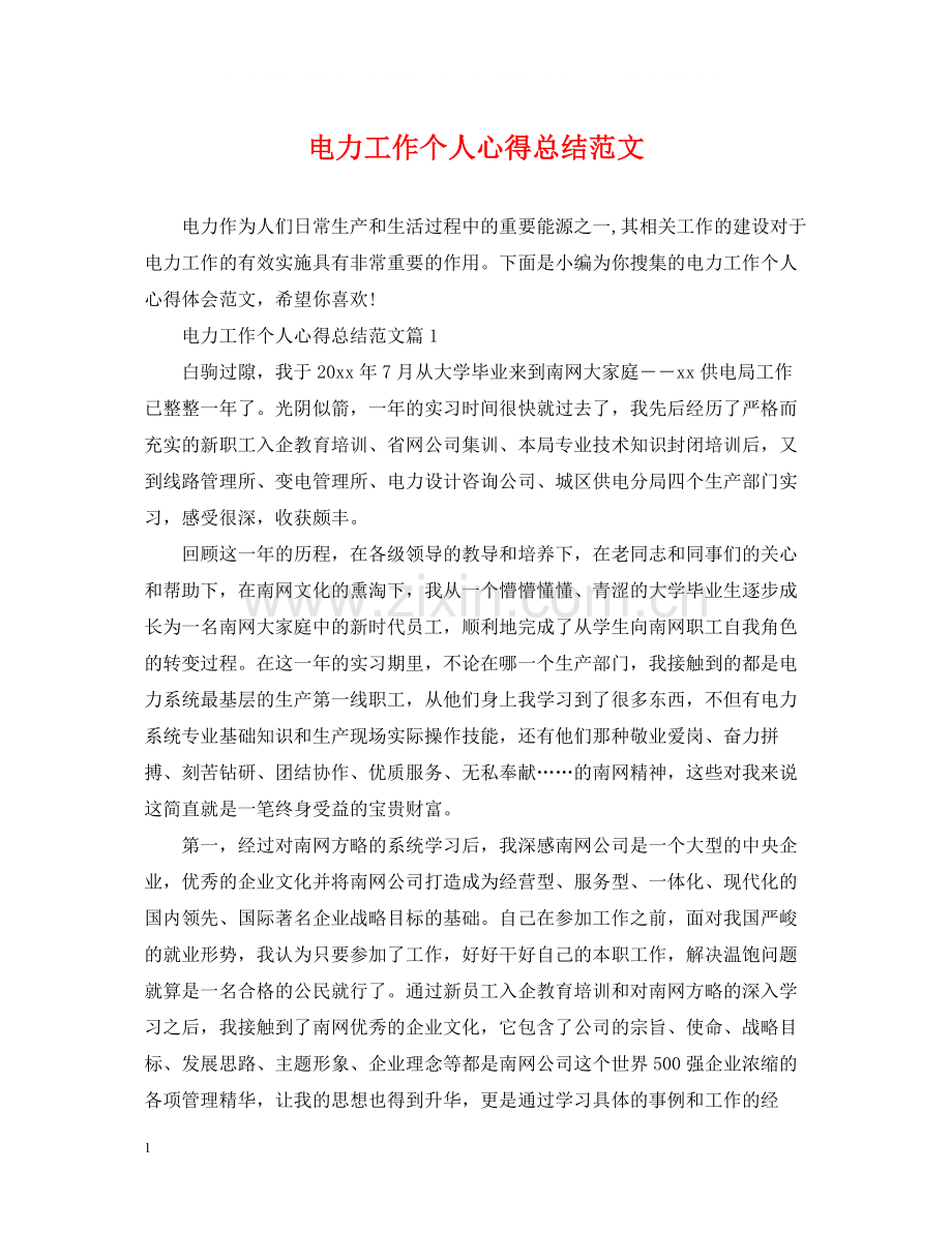 电力工作个人心得总结范文.docx_第1页