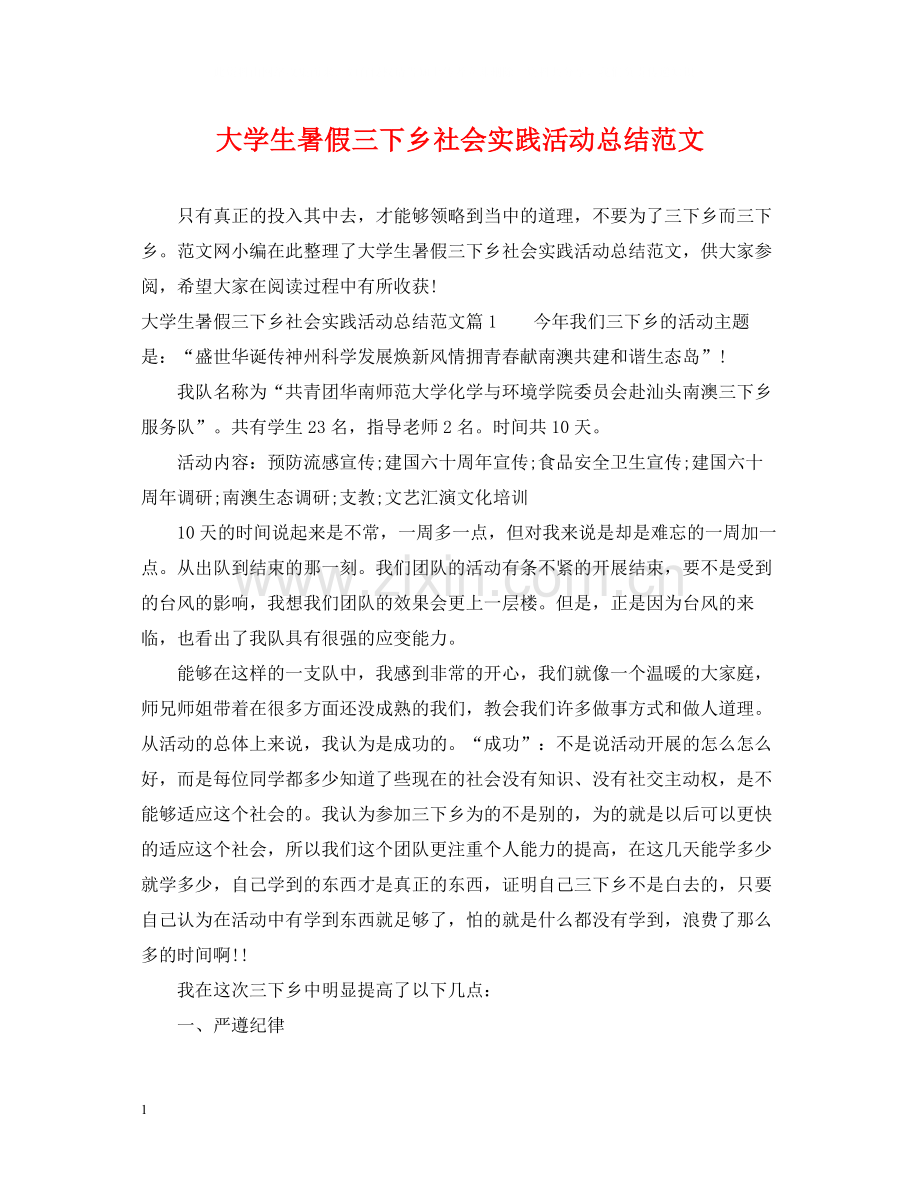 大学生暑假三下乡社会实践活动总结范文.docx_第1页