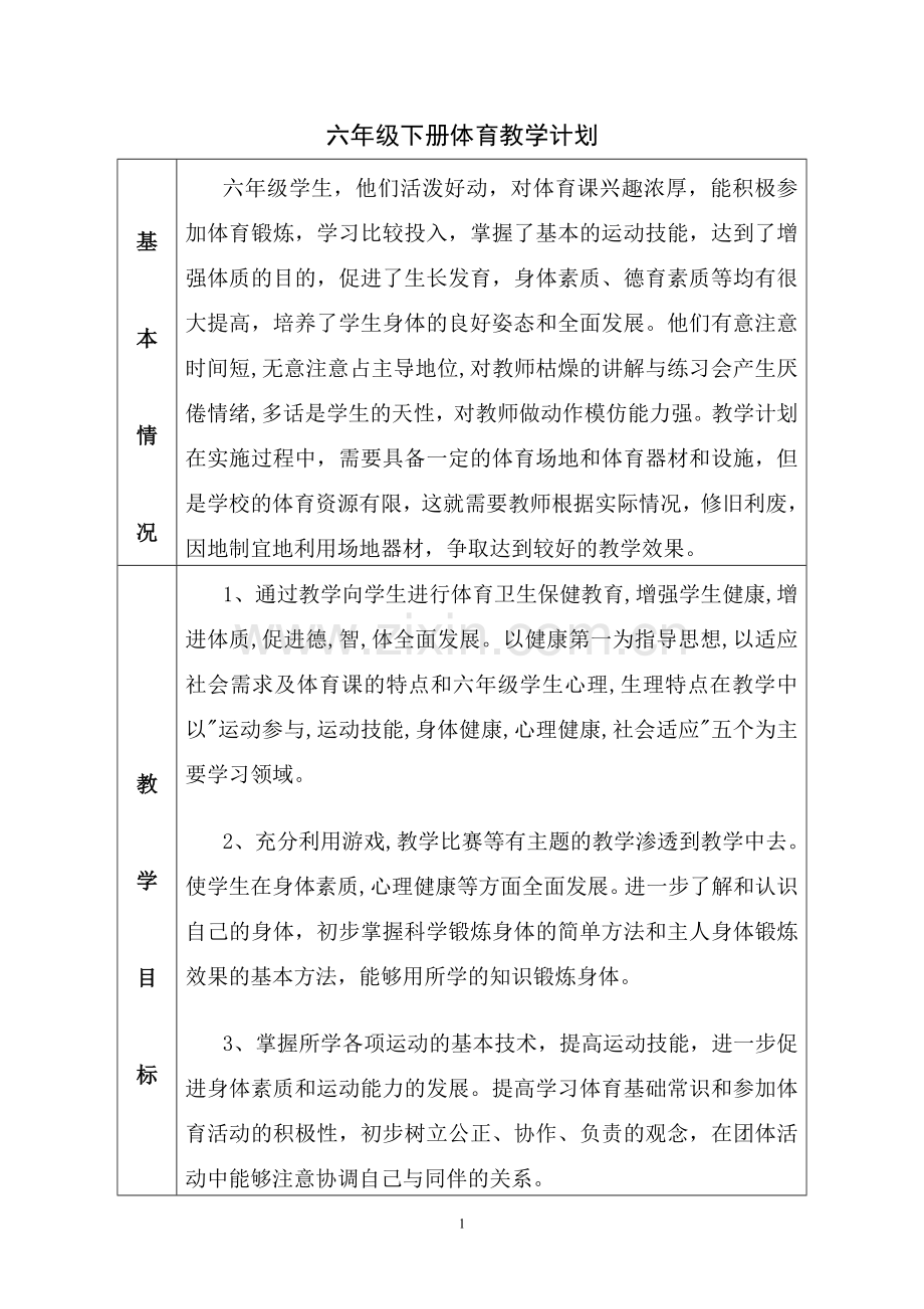 F六年级第二学期体育教学计划.doc_第1页
