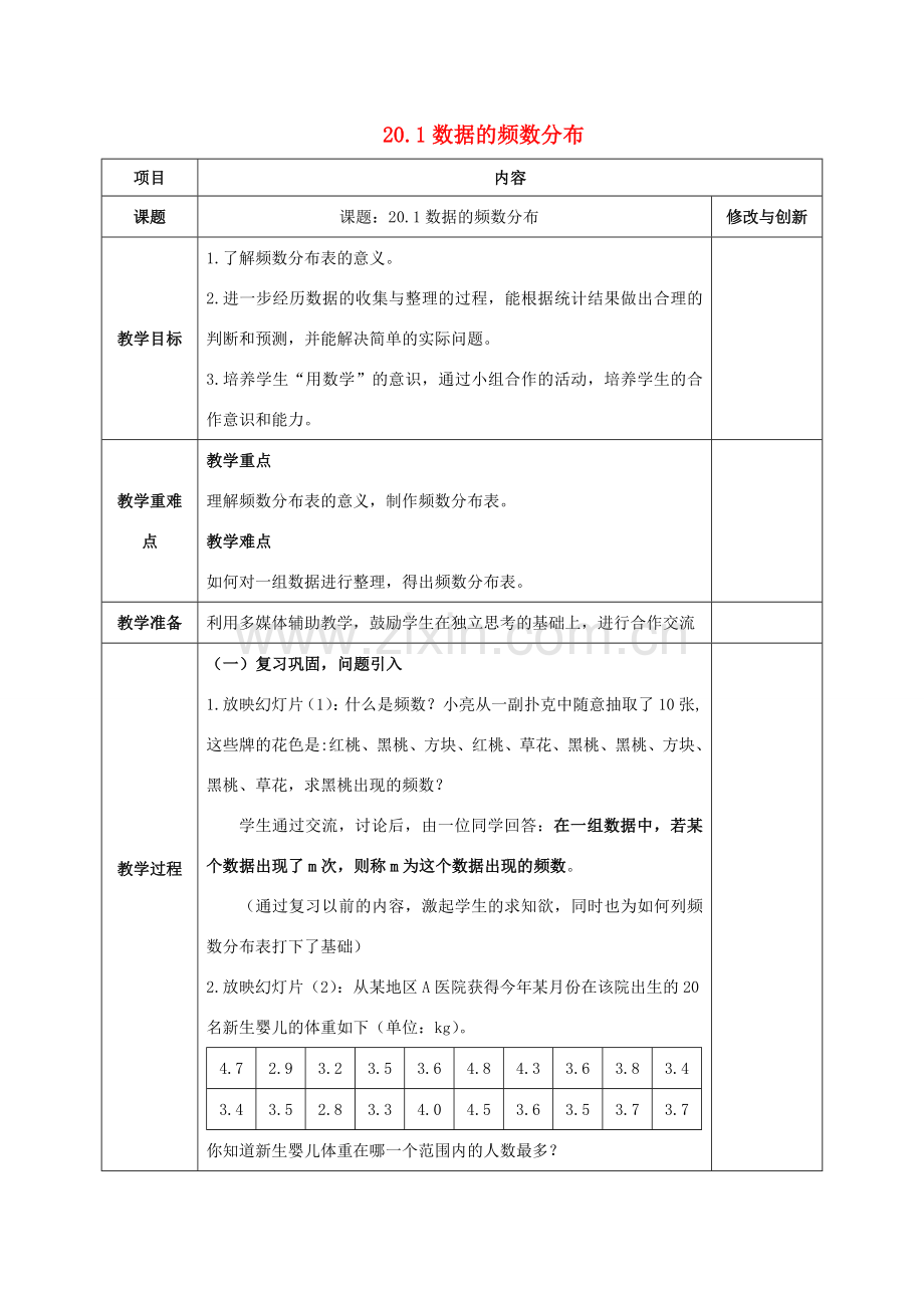 八年级数学下册 第20章 数据的初步分析 20.1 数据的频数分布教案 （新版）沪科版-（新版）沪科版初中八年级下册数学教案.doc_第1页