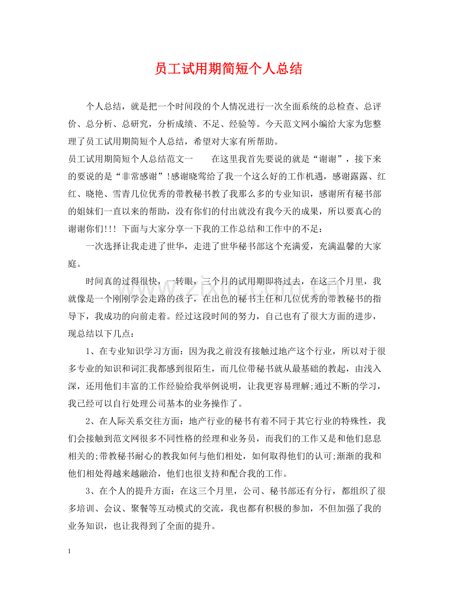 员工试用期简短个人总结.docx_第1页