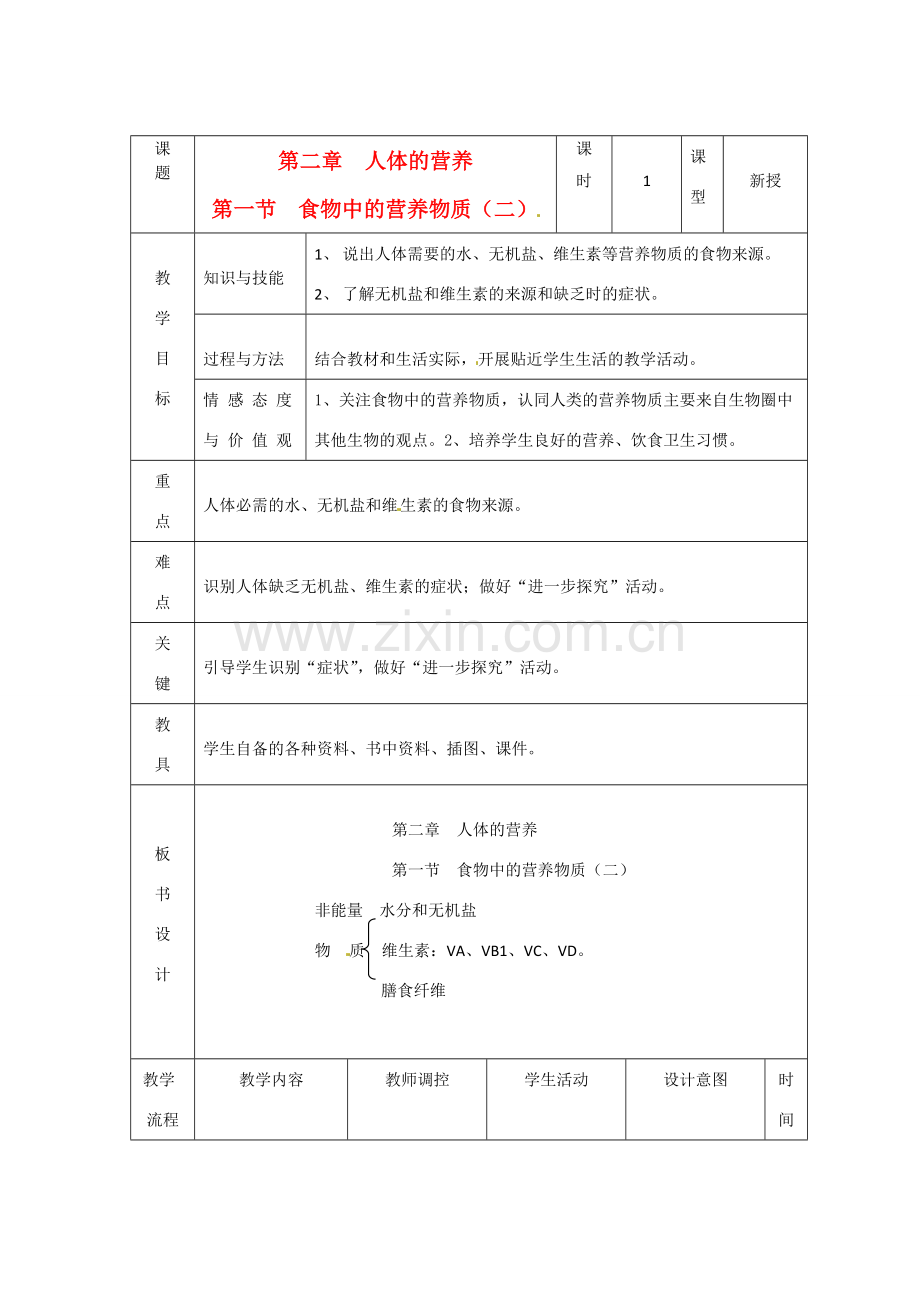 辽宁省大连市第四十二中学七年级生物下册 第二章 第一节 食物中的营养物质（二）教案 新人教版.doc_第1页