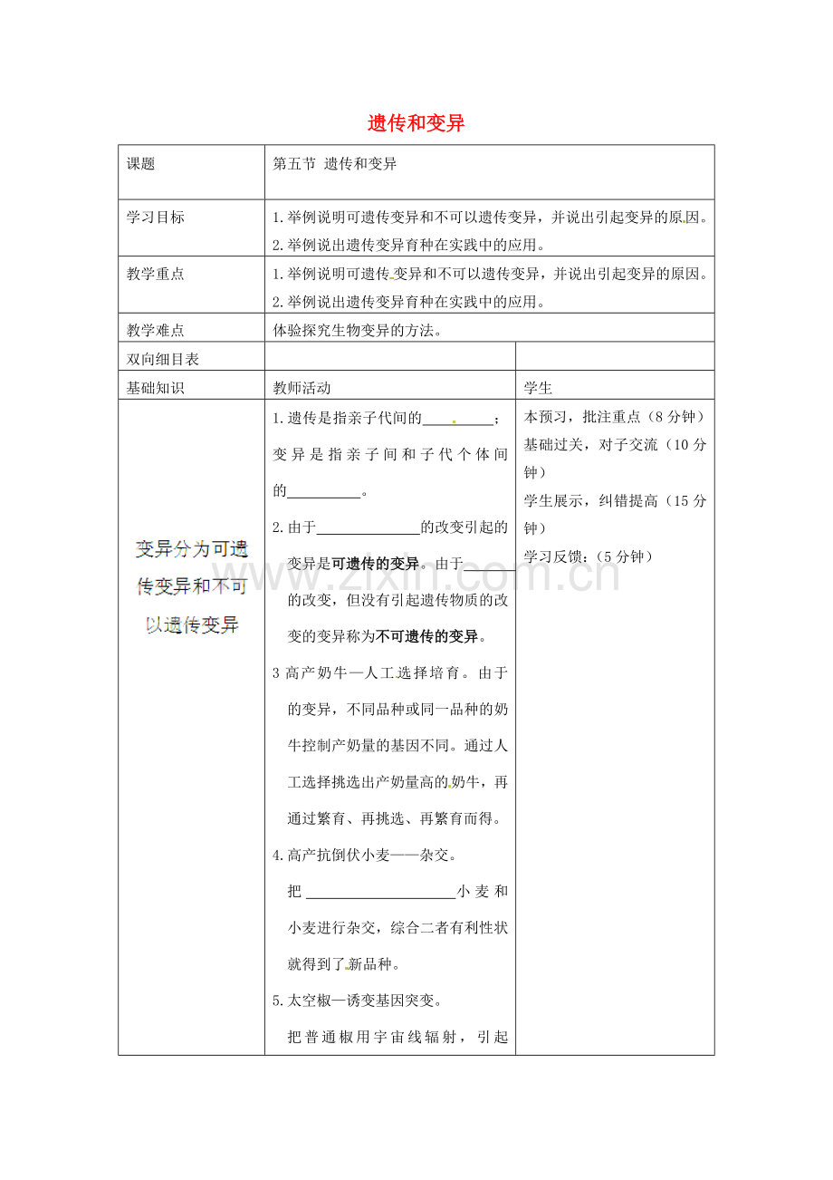 四川省北川羌族自治县擂鼓八一中学八年级生物下册 遗传和变异教案 新人教版.doc_第1页