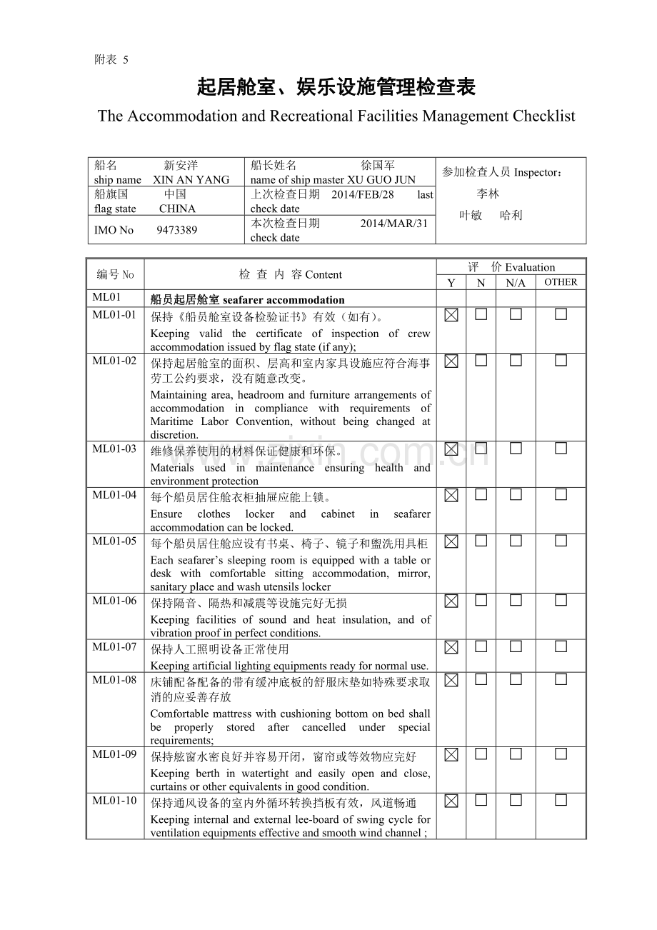附表5 起居舱室、娱乐设施管理检查表.doc_第1页