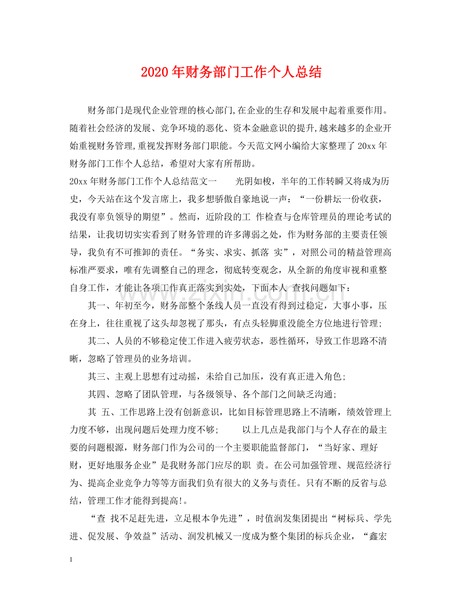 2020年财务部门工作个人总结.docx_第1页