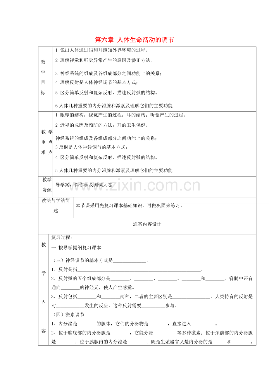 山东省烟台市黄务中学七年级生物上册 第六章 人体生命活动的调节教案 鲁教版五四制.doc_第1页