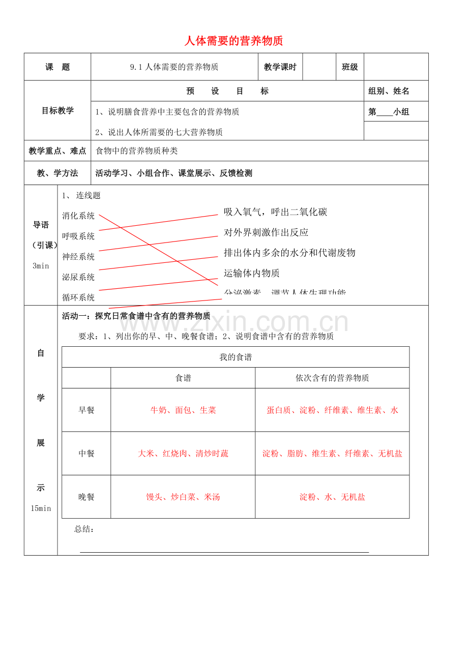 秋七年级生物下册 9.1 人体需要的主要营养物质教学设计 （新版）苏教版-（新版）苏教版初中七年级下册生物教案.doc_第1页