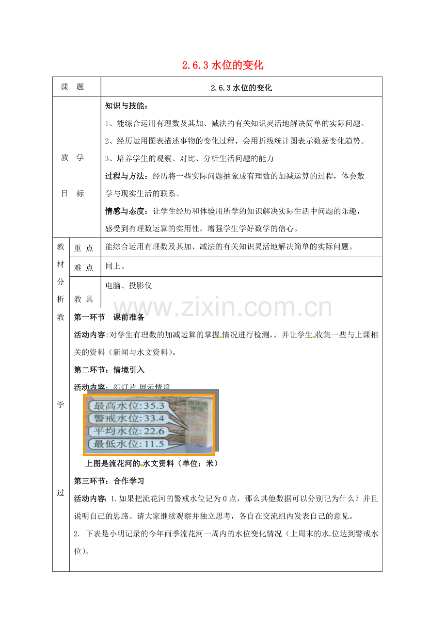 四川省成都市蒲江县朝阳湖镇七年级数学上册 2.6.3 水位的变化教案 （新版）北师大版-（新版）北师大版初中七年级上册数学教案.doc_第1页