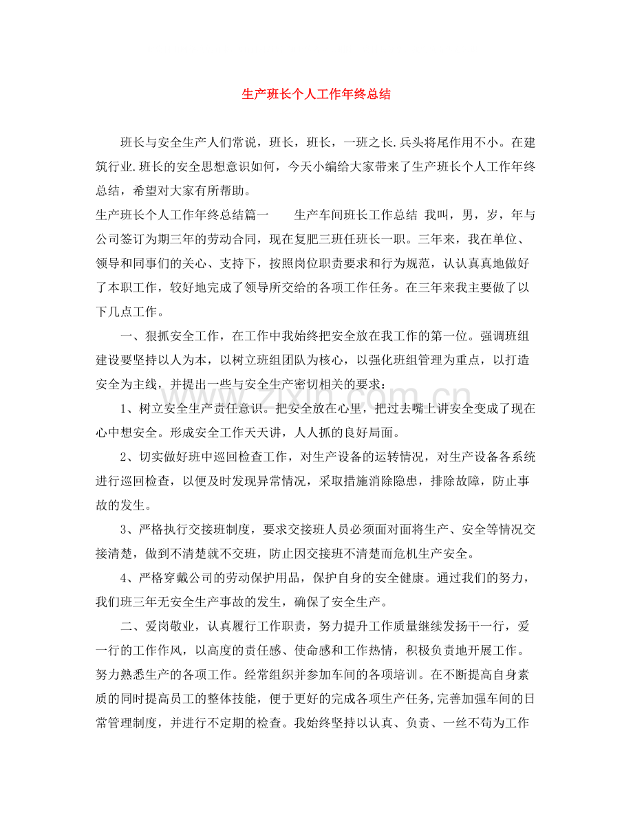 生产班长个人工作年终总结.docx_第1页