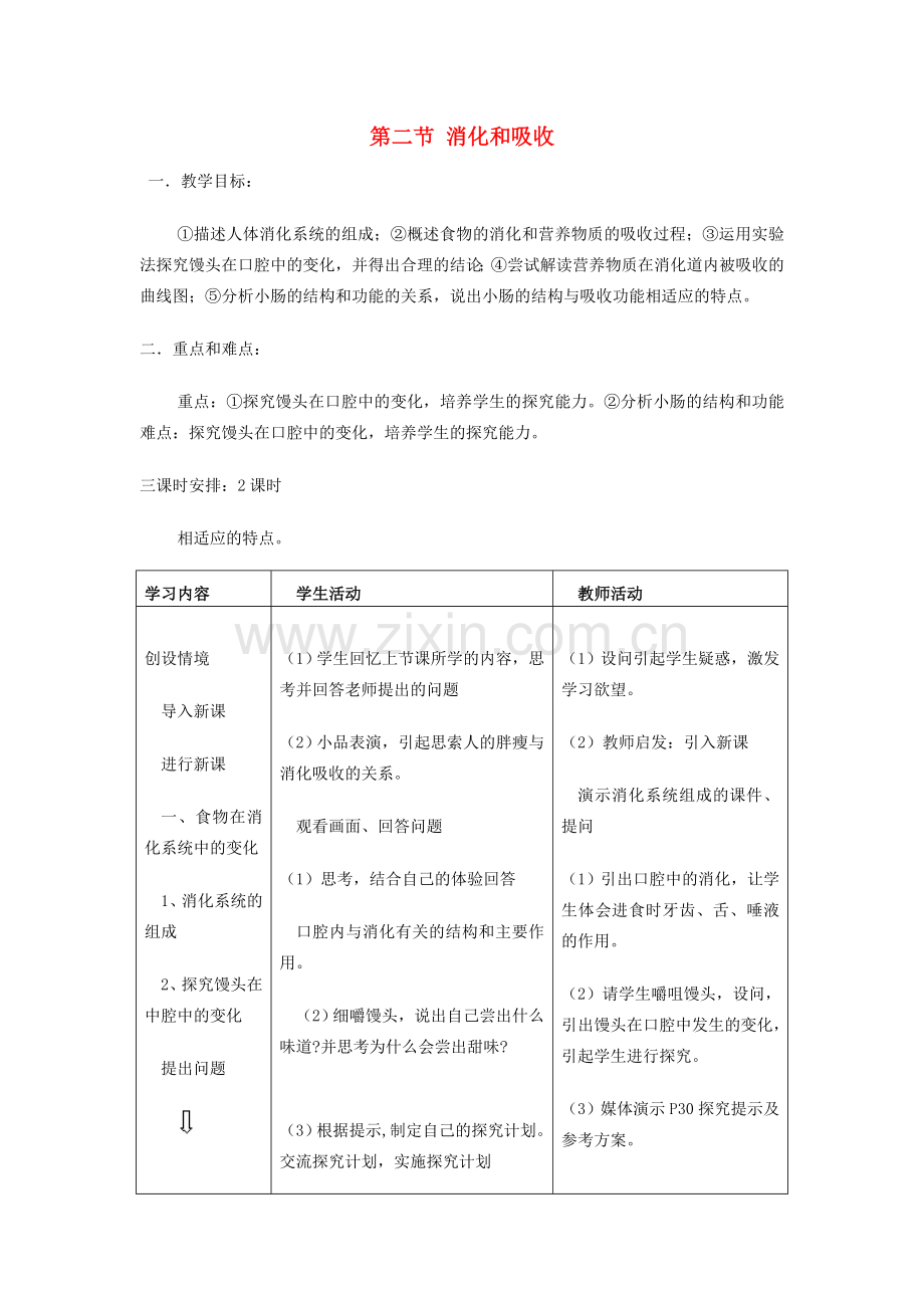 七年级生物下册 消化和吸收教案 人教新课标版.doc_第1页