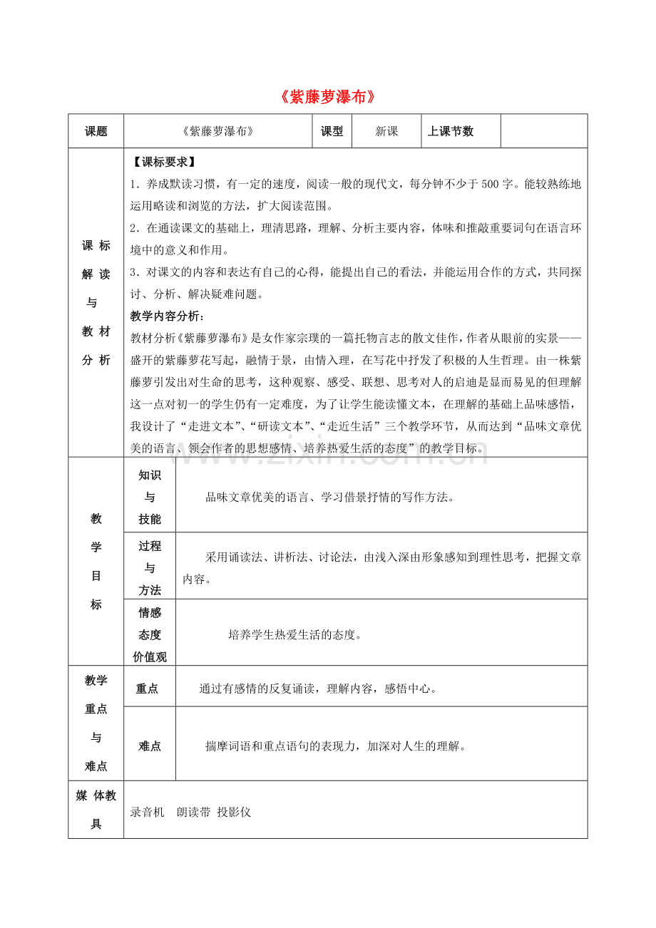 七年级语文上册 第16课《紫藤萝瀑布》教案（1） 新人教版-新人教版初中七年级上册语文教案.doc_第1页