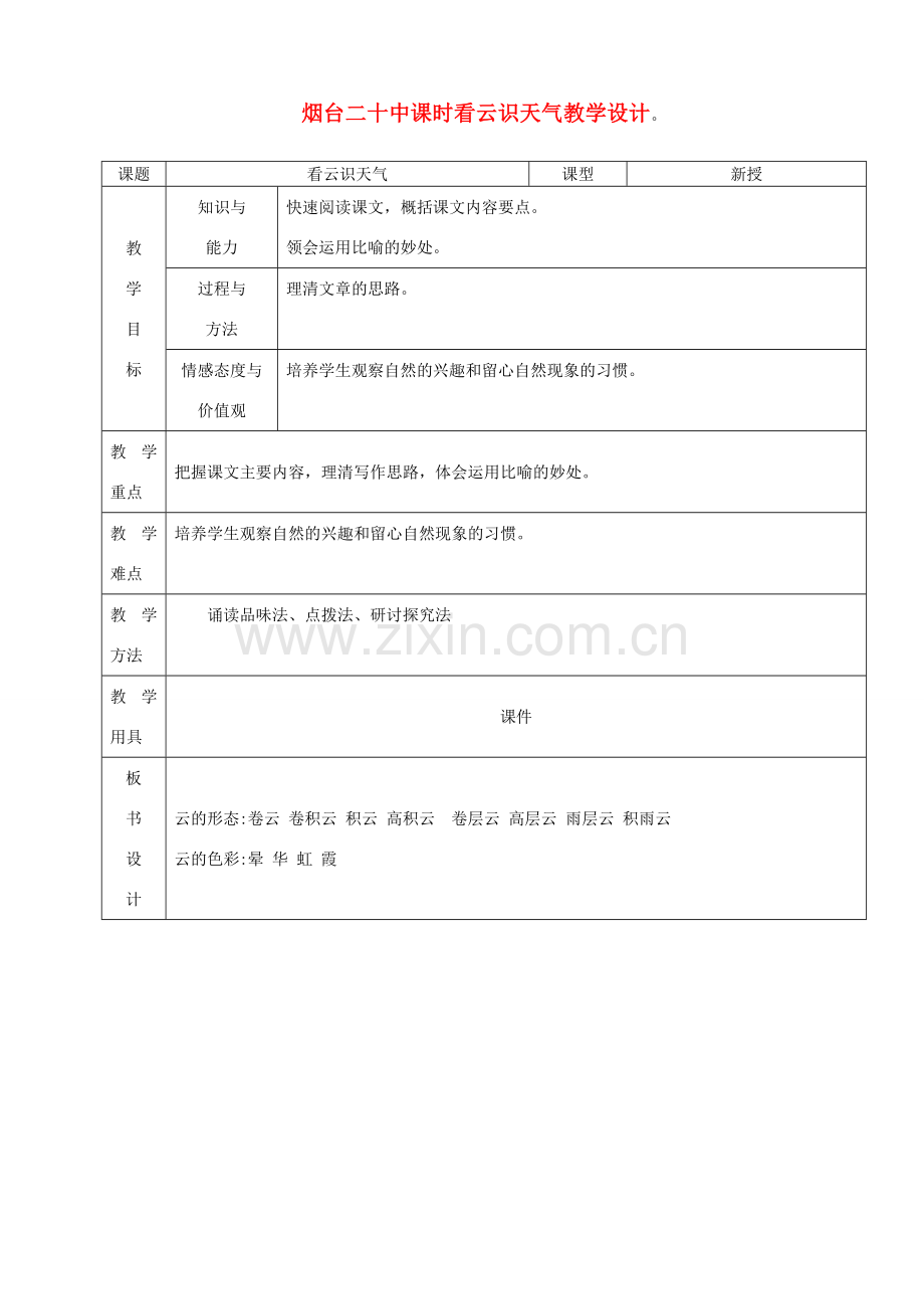山东省烟台20中七年级语文 《看云识天气》教学设计.doc_第1页