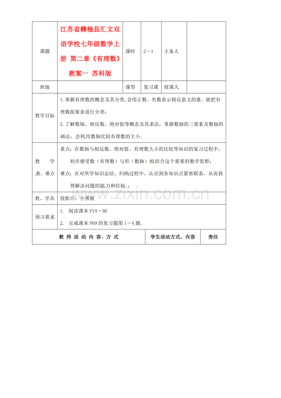 江苏省赣榆县汇文双语学校七年级数学上册 第二章《有理数》教案一 苏科版.doc_第1页